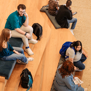 Students in different groups, sitting and talking.